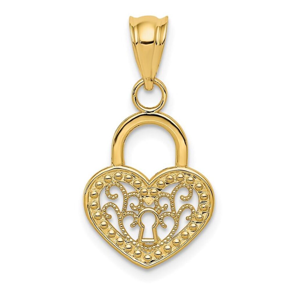 14k Yellow Gold Filigree Heart Key Hole Lock Pendant, 12mm